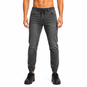 <b>Men's</b> Dark Gray High Waist Slim Fit Denim Joggers With <b>Drawstring</b> Elastic Waist And Cuffed Ankle Casual Style Autumn Wear - Product Image 1