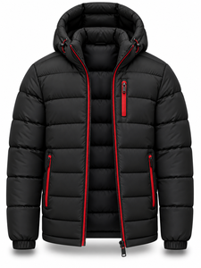 <b>Men's</b> Black Hooded Puffer <b>Jacket</b> with Red Zipper Waterproof Quick Dry Front Logo Winter <b>Casual</b> Regular Length Polyester Wadding - Product Image 4