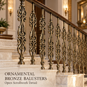 Barandilla de Bronce Vintage con Intrincados Soportes Decorativos y Pasamanos de Madera Oscura - Product Image 1