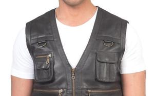 Premium Black Leather Multi Pocket Vest <b>Motorcycle</b> Biker Sleeveless <b>Jacket</b> with Zip Closure Cargo Style Utility Riding Vest - Product Image 3