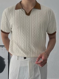 เสื้อเชิ้ตผู้ชายลำลอง ผ้าถักลายแจ็คการ์ด โพลีเอสเตอร์/คอตตอน คอเสื้อตัดกัน แขนสั้น เนื้อผ้ามีเท็กซ์เจอร์ น้ำหนักเบา เป็นมิตรกับสิ่งแวดล้อม เนื้อผ้านุ่ม - Product Image 3