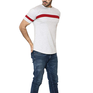 Camiseta de Manga Corta para Hombre, Cuello Redondo, Rayas Grises y Rojas, Estilo Casual, Tejido de Punto, Algodón, Diseño con Ribete en Contraste - Product Image 5