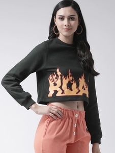 Sudadera de Cuello Redondo para Mujer, Estampado de Llamas Negras, Corte Regular, Manga Larga, Informal, Tejida, 100% Algodón, Ropa de Otoño - Product Image 6
