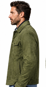 <b>Men's</b> Olive <b>Suede</b> Leather <b>Jacket</b> Stand Collar Zipper Front Workwear Style Casual Winter Warm Customized Logo Outerwear - Product Image 4