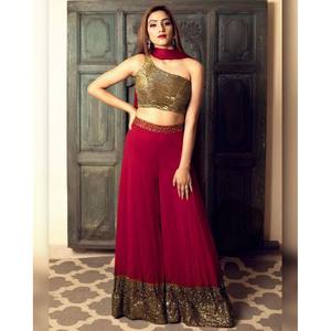 Ensemble Palazzo et Blouse en Georgette Fantaisie avec Broderie Zari et Sequins, avec Dupatta Rouge - Product Image 1