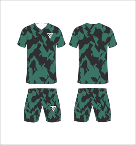 Conjunto de uniforme de fútbol sublimado personalizado para hombre, jersey con estampado de camuflaje verde oscuro y pantalones cortos a juego para profesionales - Product Image 1