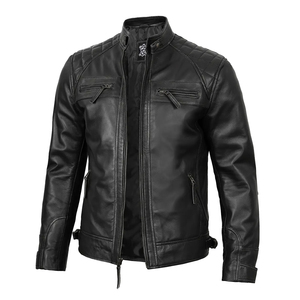<b>Men's</b> Genuine Leather Moto <b>Jacket</b> Slim Fit Stand Collar Zipper Closure Windproof Black Moto Biker Style At Factory Price - Product Image 5