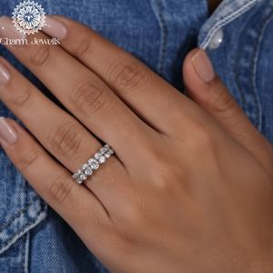 Charm_Jewells Moissanite <b>Eternity</b> Band <b>Ring</b> Round Brilliant Cut Pave Setting 925 <b>Silver</b> Women's Classic Engagement <b>Ring</b> - Product Image 1