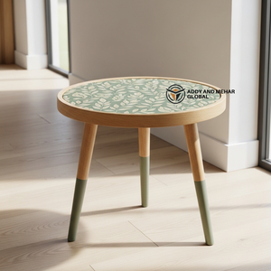 Green Floral Meena Design Wooden <b>Stool</b> – Handcrafted <b>Round</b> Decorative Accent <b>Stool</b> - Product Image 1
