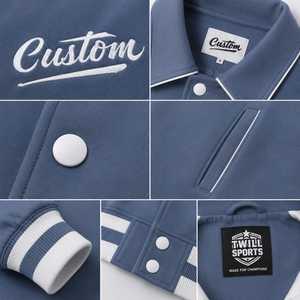 Custom Letter Print Winter Varsity <b>Jacket</b> <b>Men</b> Blue <b>White</b> Contrast Sleeve Casual Style Turn-down Collar Covered Button Heated - Product Image 4