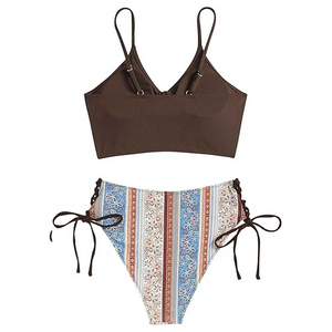 Ensemble bikini 2 pièces pour femmes, haut marron à col plongeant, bas rayé taille haute avec détail cordon de serrage, maillot de bain en spandex et polyester - Product Image 2