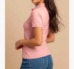Polo de Manga Corta Rosa Sólido para Mujer, Top Casual de Punto con Cuello - Product Image 3