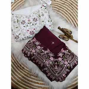 DESIGNER RANGOLI FIL DE SOIE DE BRODERIE SEQUENCE TRAVAIL SAREE AVEC CHEMISIER NON COUDU VIN - Product Image 1