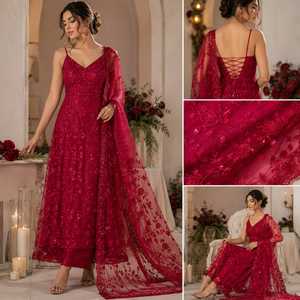 ชุดสูท Anarkali ผ้าเน็ตปักลายสีแดงไวน์หรูหราทรงปกติ ยาวถึงพื้น ดีไซน์ใหม่สำหรับผู้หญิง เหมาะสำหรับงานปาร์ตี้และงานแต่งงาน - Product Image 3
