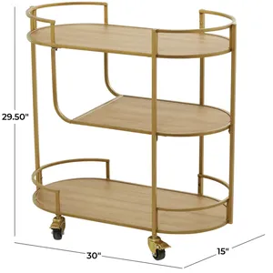 Chariot de service ovale en métal avec 3 étagères en bois, cadre doré, chariot de bar roulant pour la décoration de fêtes à domicile, style glamour, design durable - Product Image 4