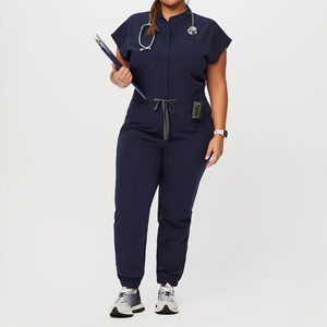 Ensemble de blouses et pantalons bleu marine en polyester/coton pour femmes, avec pantalon à cordon de serrage et haut à manches courtes, thermocollage sans couture pour détection par radiofréquence, idéal pour usage hospitalier - Product Image 1