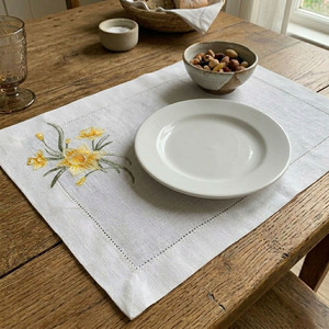Custom Classic Washable Reuse Embroidery Yellow Flower <b>Placemats</b> Napkins Sets 100% Hemstitch Linen Mats for Home Wedding Events - Product Image 3
