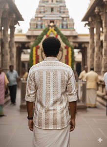 Camisa Blanca de Algodón Hecha a Mano para Hombre con Rayas Marrones Tradicionales de Rajasthani con Estampado a Bloque, Estilo Étnico Informal - Product Image 5