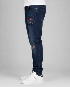 Fly Humble Men's Regular Fit Denim <b>Jeans</b> Dark Wash <b>Embroidered</b> Logo Patch Formal Style Spring Cotton Straight Leg Breathable - Product Image 3