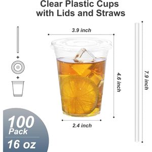 Lot de 100 gobelets en plastique transparent de 16 oz avec couvercles et pailles, robustes et adaptés aux aliments, pour café glacé, thé et plus encore - Product Image 3