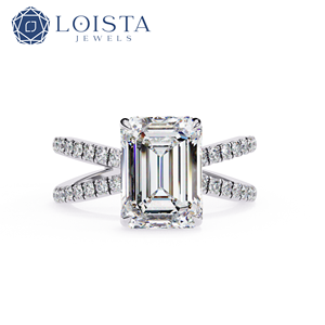 Bague de fiançailles LOISTA en diamant taille émeraude, alliance en platine avec diamants latéraux, certifiée GIA, style classique pour femme - Product Image 1