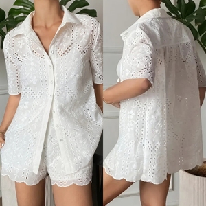 Ensemble coordonné chemise et short blancs en broderie anglaise pour femme - Product Image 4