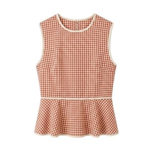 Chemisier Peplum sans manches pour femme, coupe ajustée à la taille, à carreaux orange vichy, style boutique d'été - Product Image 1