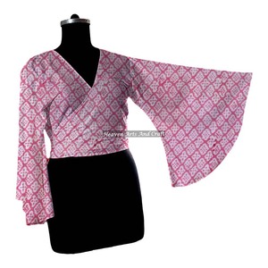 เสื้อผ้าฝ้ายวินเทจสไตล์โบฮีเมียนแฮนด์เมดสีเบจ แขนกระดิ่ง ผูกด้านหน้า เหมาะสำหรับฤดูร้อน - Product Image 3
