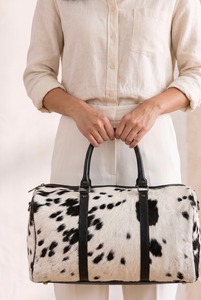 Cowhide Leather <b>Duffel</b> <b>Bag</b> Spotted Travel Weekender Handbag Zipper Closure Large Capacity Lightweight for Sports Travel - Product Image 5