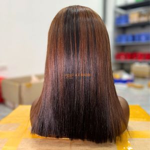 Perruque Bob coupée droite en cheveux naturels vietnamiens bruts, couleur naturelle, avec frontal en dentelle HD 13x4 assorti, mélange brun et noir - Product Image 6