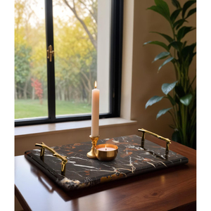 Plateau décoratif en marbre fait main avec poignées en métal doré pour table de chevet, comptoir, coiffeuse, décoration intérieure - Product Image 3