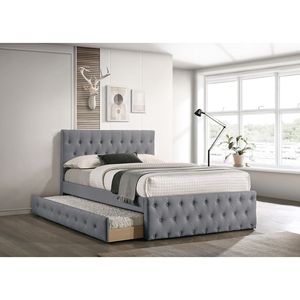 Cama individual contemporánea tapizada en tela de arpillera gris claro con somier de listones, cabecero y piecero capitoné, muebles para dormitorio juvenil - Product Image 1