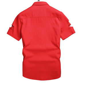 Camisa de Mezclilla Roja Desgastada para Hombre, Manga Corta, con Botones, Estilo Casual Urbano, Desgarrada, de Algodón, para Verano, Corte Regular, para Uso Diario - Product Image 2