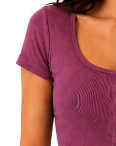 Magenta Purple Women Ribbed Knit <b>Crop</b> <b>Top</b> Short Sleeve Button Front Slim Fit Square Neck Casual Summer Cotton T Shirt Blouse - Product Image 3