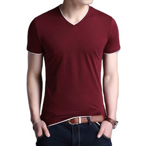 T-shirts pour hommes de haute qualité, tricotés, col en V, manches courtes, été, avec bordure contrastée, unis, écologiques - Product Image 4