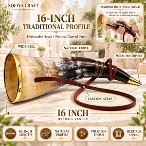 Corneta de Búfalo Natural Pulida Hecha a Mano, Corneta Vikinga Duradera con Borde de Latón, Boquilla de Metal y Correa de Cuero, Moderna - Product Image 2