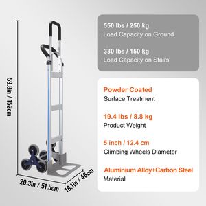 Carrello a mano in alluminio con capacità di carico di 250 kg e doppie maniglie per salire le scale, telaio integrato, ruote in gomma antiscivolo - Product Image 4