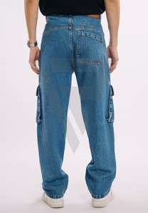 Pantalon cargo baggy en jean bleu foncé pour homme, coupe droite, avec empiècements, délavé, poches aux genoux, écologique, respirant, avec logo - Product Image 3