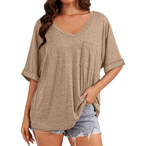 Camiseta de Mujer Oversize de Color Liso con Cuello Redondo, Hombros Caídos, Ajuste Holgado, Manga Corta, Transpirable, de Algodón Jersey para Primavera - Product Image 4