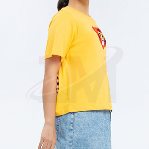 T-shirt décontracté jaune pour femme avec broderie tigre, col rond, manches courtes, 100 % coton jersey, coupe ample, idéal printemps-été - Product Image 4