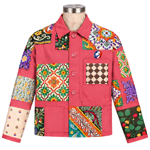 Chaqueta de trabajo rosa coral con mosaico, diseño floral artesanal, abotonada, informal, de manga larga, estilo urbano, personalizada - Product Image 1