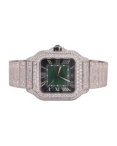 Luxury rectangular <b>diamond</b> wristwatch with green dial roman numeral markers silver hands blue gemstone crown ornate bracelet - Product Image 1