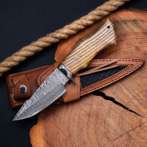 Cuchillo de Caza de Acero de Damasco Hecho a Mano, Personalizable, con Mango de Madera, Funda de Cuero para Supervivencia al Aire Libre y Camping, Fabricación Personalizada OEM - Product Image 1