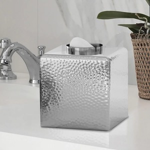 Luxury Stainless Steel Style Hammered Facial Tissue Dispenser For <b>Vanity</b> Premium Decorative Reflective Silver Tissue <b>Box</b> - Product Image 1