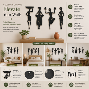 AUROMIN L'art de l'ingéniosité : Décoration murale en bois pour femmes tribales, 4 pièces |   Décoration murale élégante en bois de pin pour salon et salle à manger - Product Image 5