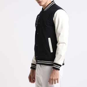 Chaqueta Varsity Estilo Preppy para Hombre, Negra, con Cuello Camisero, Letra H Bordada en la Parte Delantera, Cierre de Botón Sencillo, Poliéster - Product Image 3