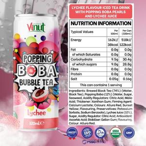 Lychee Popping <b>Boba</b> <b>Bubble</b> Tea VINUT 330ml (24 Cans) Low Calorie Low Sugar Private Label Free Sample OEM ODM - Product Image 2
