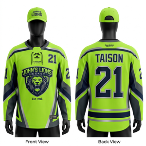 Maillot de hockey sur glace pour hommes, 225 GSM, polyester durable, panneaux contrastants vert néon, logo personnalisé en sergé thermocollé - Product Image 1