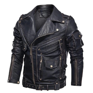 Veste de motard en cuir véritable noir pour homme, col rabattu, fermeture éclair, coupe ajustée, manches régulières, pour l'automne et l'hiver - Product Image 2