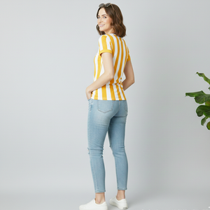 T-shirt jaune et blanc pour femmes avec services OEM, qualité supérieure, chemises pour femmes à manches courtes et col rond - Product Image 3